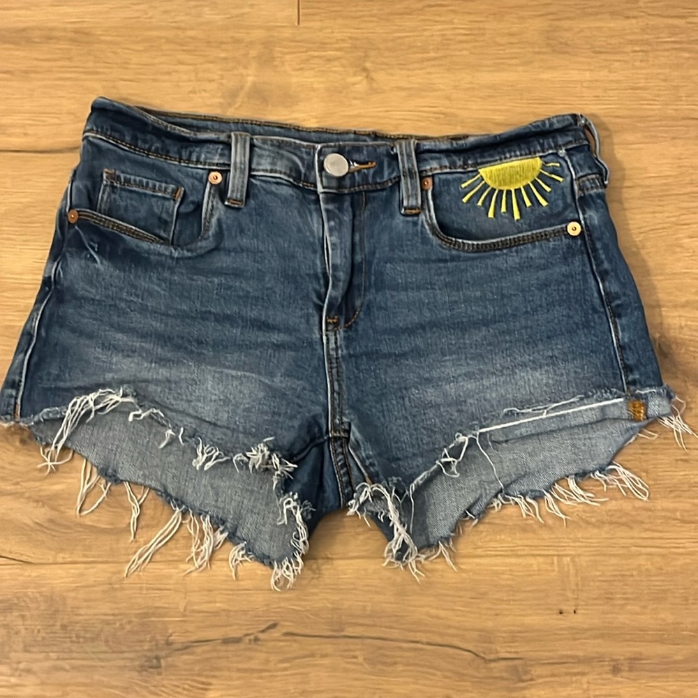 Blank NYC Blue Jean Shorts with Yellow Sun Detail